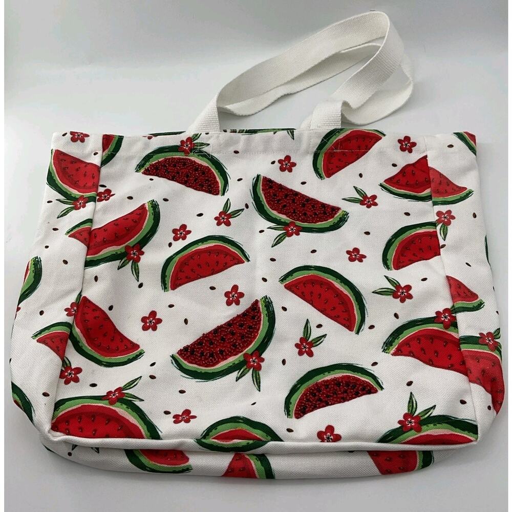 Watermelon Beaded Travel/Grocery Tote, Red And White, Large
